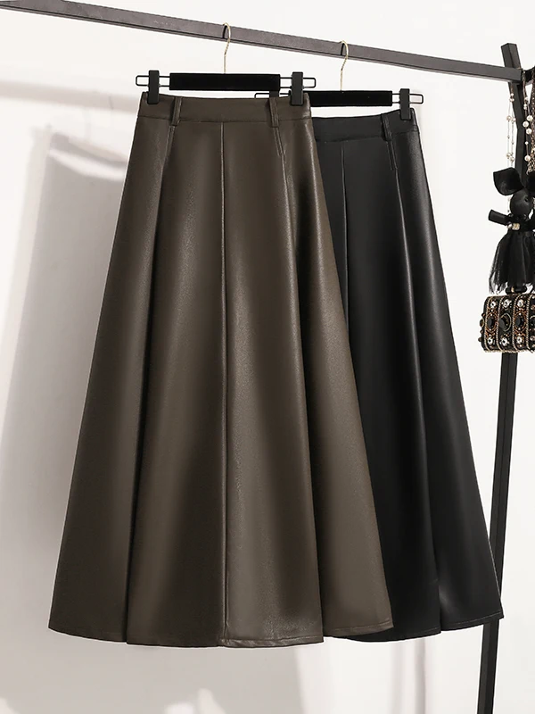 Vintage High Waist Midi Leather Skirt Women's Autumn Winter Long A-Line Floor-Length Skirt Sweet School Style PVC Material