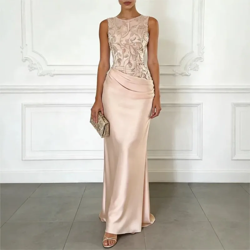 Image of Hübsche Damen-Abendkleider in Rosa, luxuriös, O-Ausschnitt, ärmellos, bodenlang, Applikationen, langes Kleid für besondere Anlässe, Ballkleider, Vestido