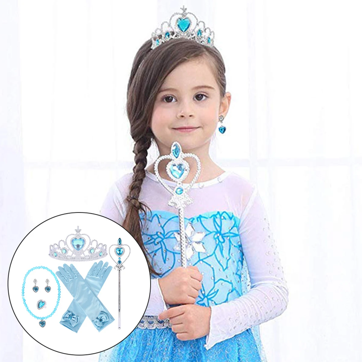 6Pcs Elsa Princess Accessories Girls Crown Gloves Wand Jewelry Set Necklace Kids Princess Queen Dress Clothing Cosplay Dress UP