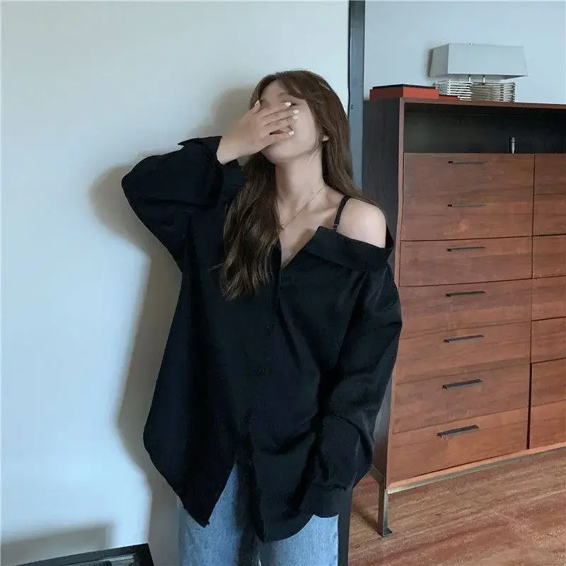 

Women Blouses Casual Korean Style Off Shoulder Long Sleeve Shirts White Black Oversized Youth Fashion Streetwear Chic