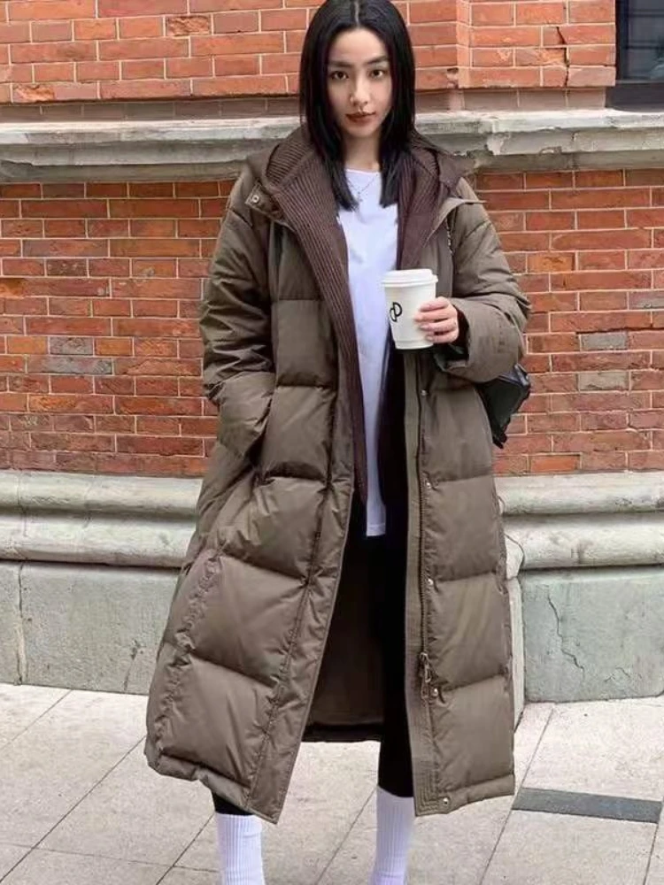 Winter White Duck Puffer Coat 2025 New Knitted Shawl Long Parkas Women's Korean Thickened Loose Warm Snow Down Jacket Outwear
