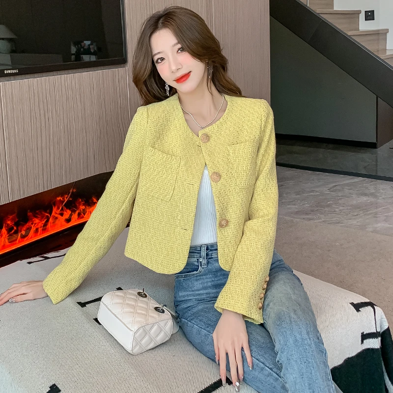 2024 New Spring Autumn Women Single Breasted Slim Short Jacket High Quality Fashion Light Yellow tweed Jacket Casual Outwear