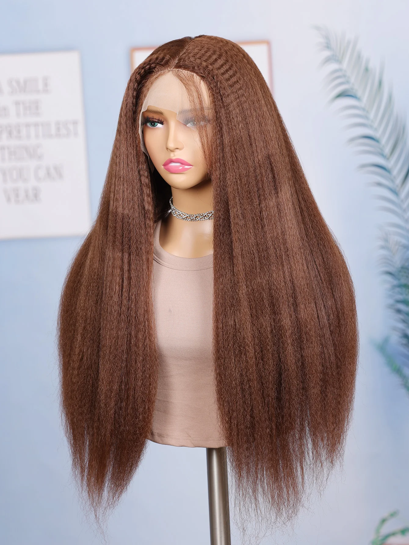 Reddish Brown Color Long Yaki Kinky Straight Lace Front MiddlePart Synthetic Wig Women Cosplay Daily Prepluck Baby Hair Glueless