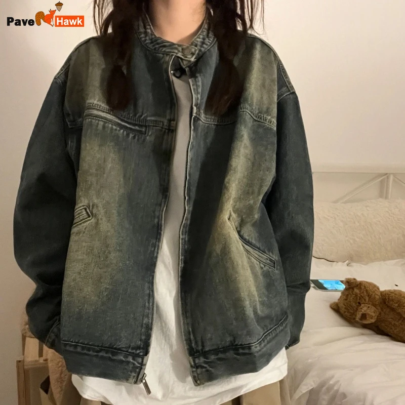 

Retro Washed Denim Jacket Men Women American Motorcycle Zipper Design Gradient Baseball Jackets Unisex Stand Collar Cargo Coat