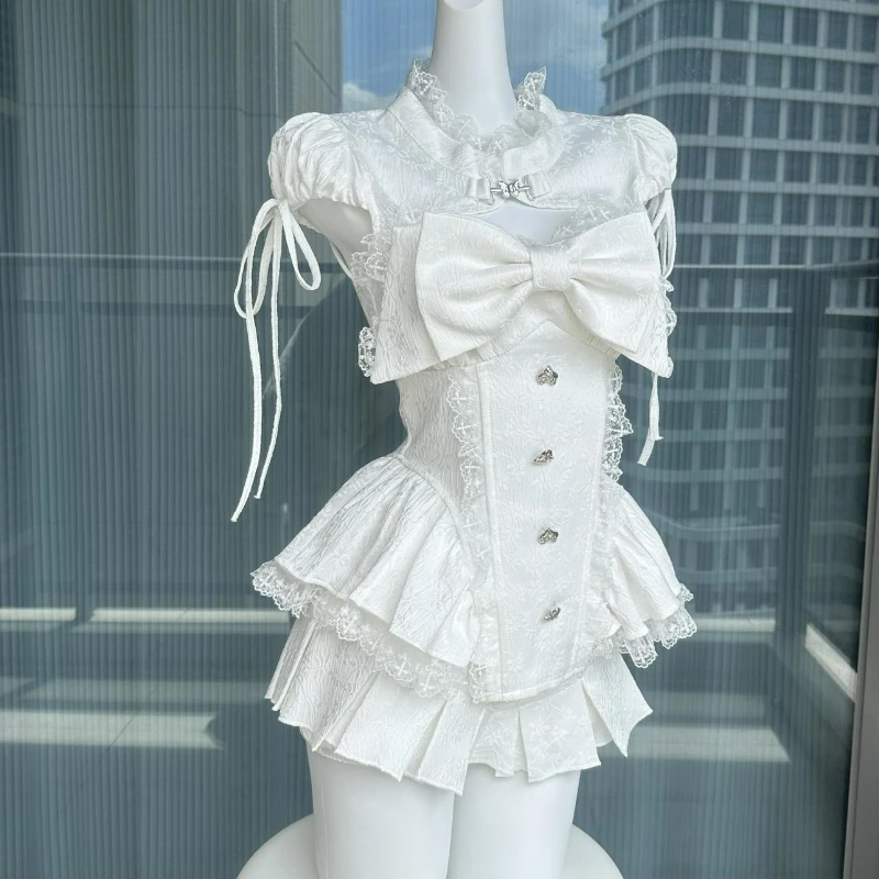 Ensemble jupe Style Lolita japonais pour femmes, Kawaii, dentelle, Patchwork, hauts avec nœud, Mini jupes à gâteau mignonnes, costumes coréens Y2k, ensembles de 2 pièces