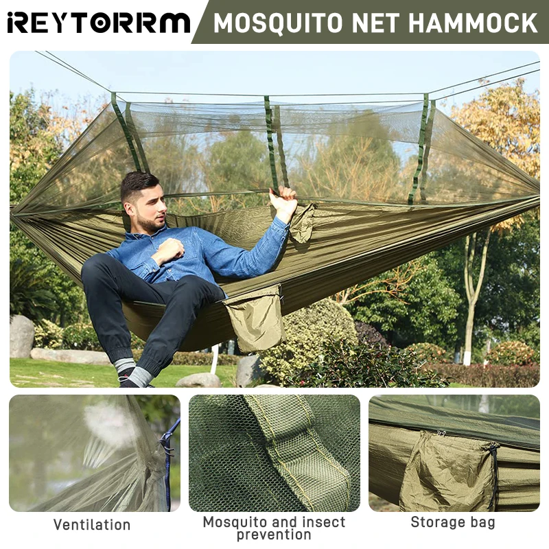 1-2 Person Portable Outdoor Camping Hammock With Mosquito Net High Strength Parachute Fabric Hanging Bed Hunting Sleeping Swing