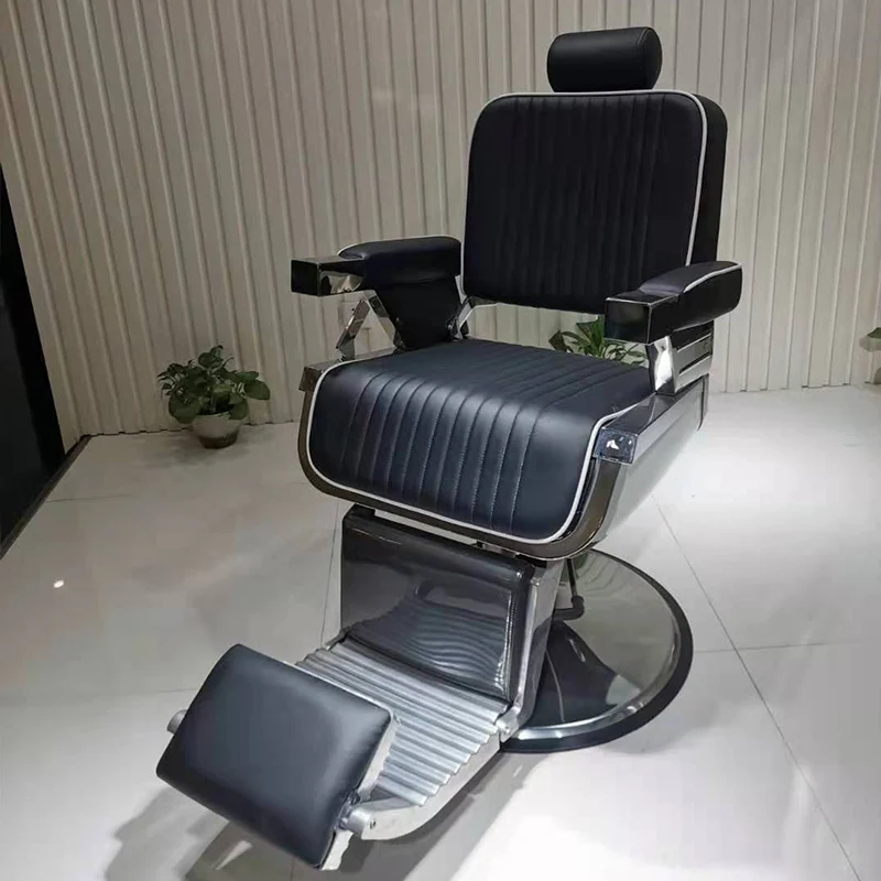 Black Vertical Striped Barber Chair with White Edge Trim, Hydraulic Reclining Barbershop Chair, Heavy Duty Hair Cutting Shaving