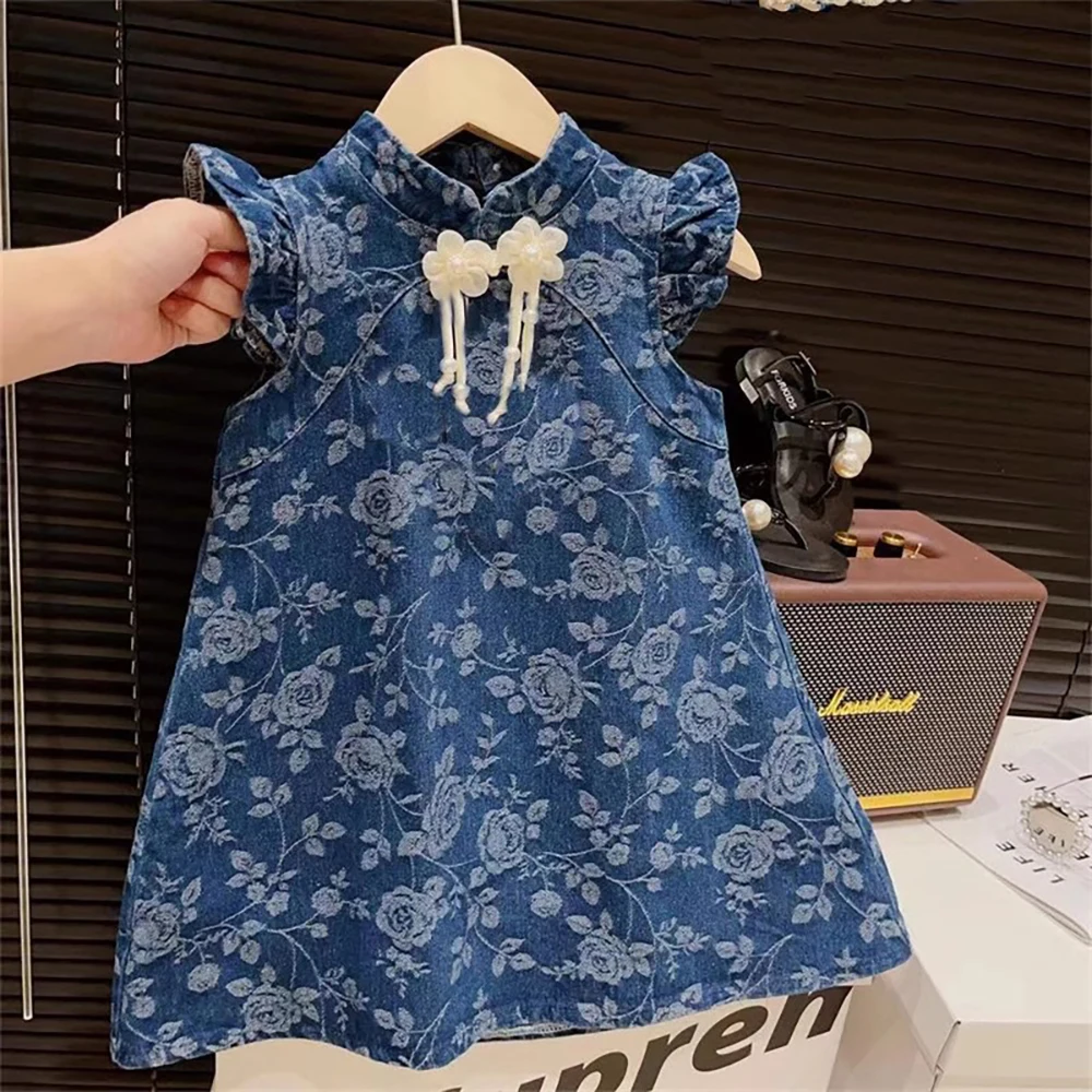 Kids Girls Flower Jacquard Dress 2025 Summer Chinese Knot Buckle Ruffles Fly Sleeve Denim Dress Back Hollow Out A-line Dresses