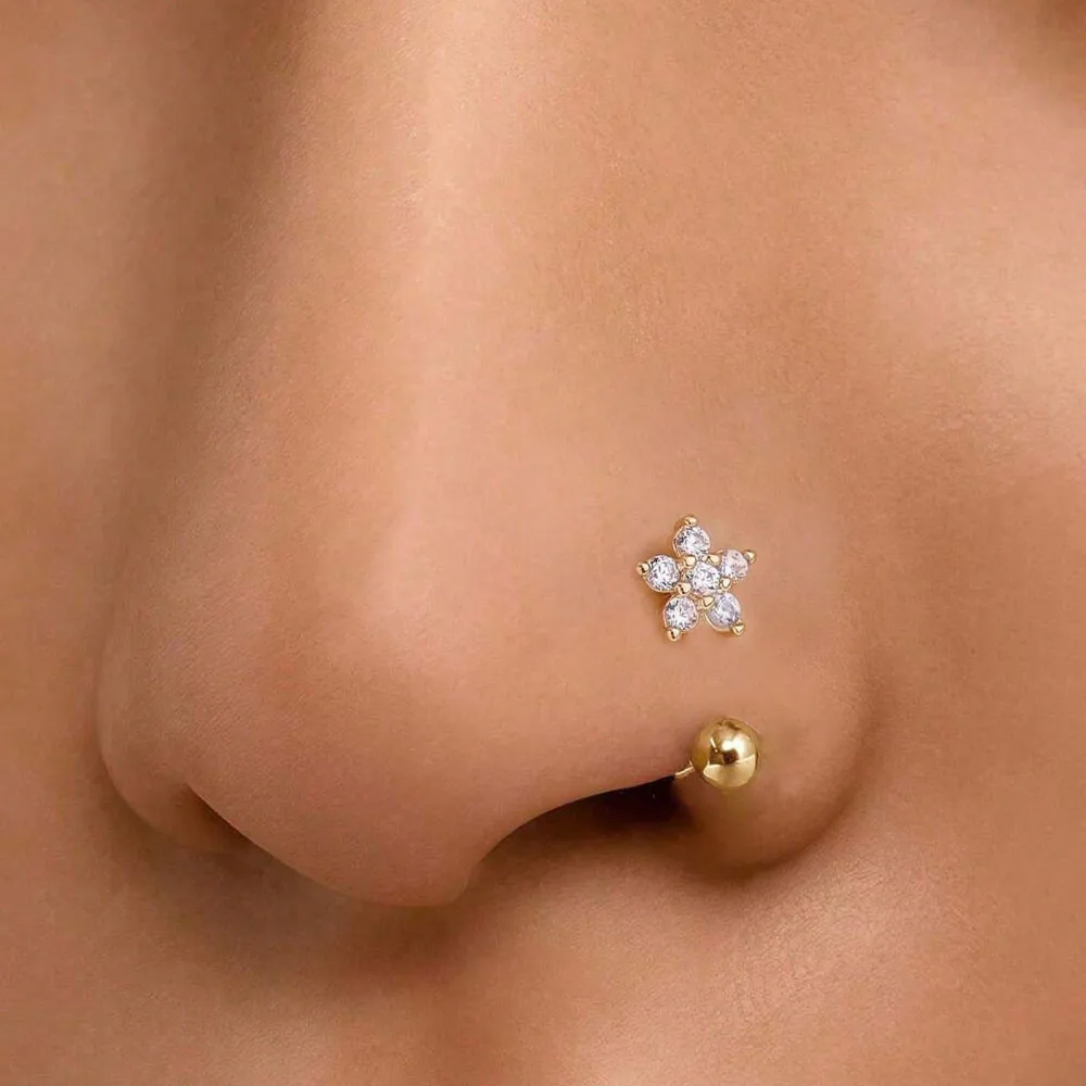 Women's Simple Flower-Shaped Nose Ring, 14K Gold Plated