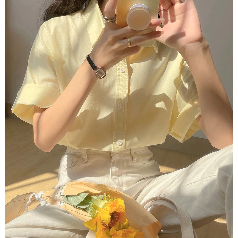 

Женская рубашка с коротким рукавом в стиле ретро, свободного кроя, в гонконгском стиле, с пуговицами, корейский стиль, для повседневной носки