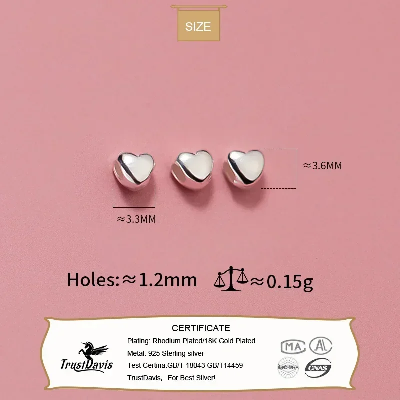 TrustDavis 진짜 925 스털링 실버 달콤한 작은 심장 구분 기호 구슬 DIY 맞는 팔찌 목걸이 액세서리 여성 쥬얼리 DZ774