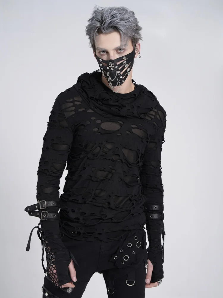 Devil Fashion Men's Dark Punk Style T-Shirt Hooded Hand Insertion Hole Design Long Sleeve Youth Trend Autumn Wear