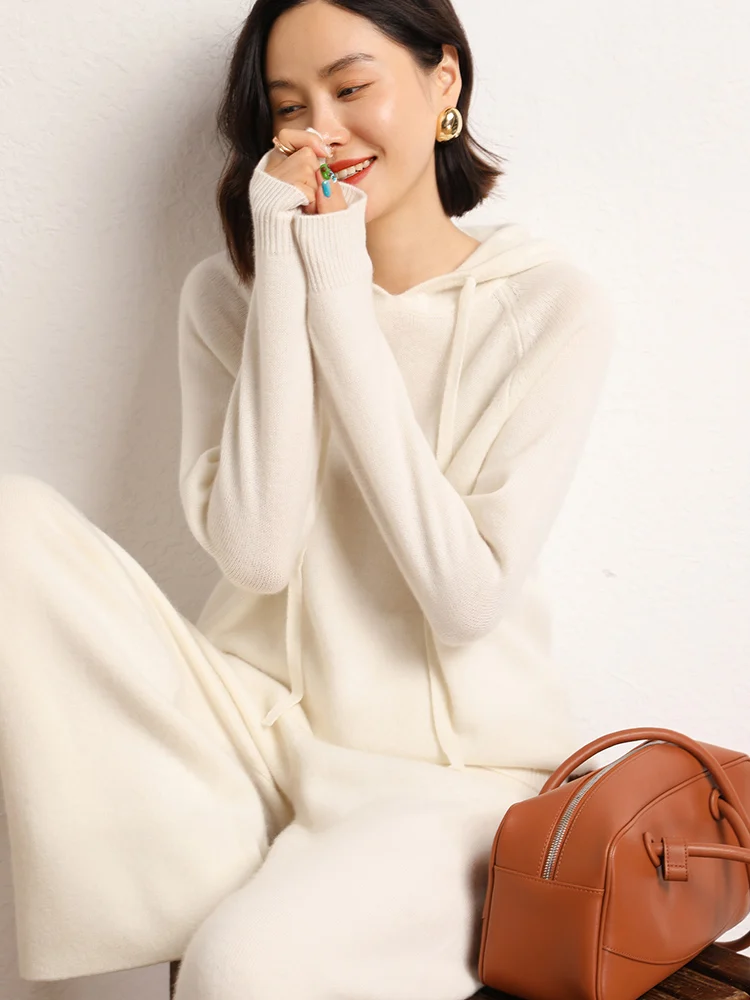 

100% Cashmere Knitwear Woman Hooded Sweatshirt Autumn Winter Casual Loose Sweater Thick Pullover Lazy Fashion Clothes Top Preppy