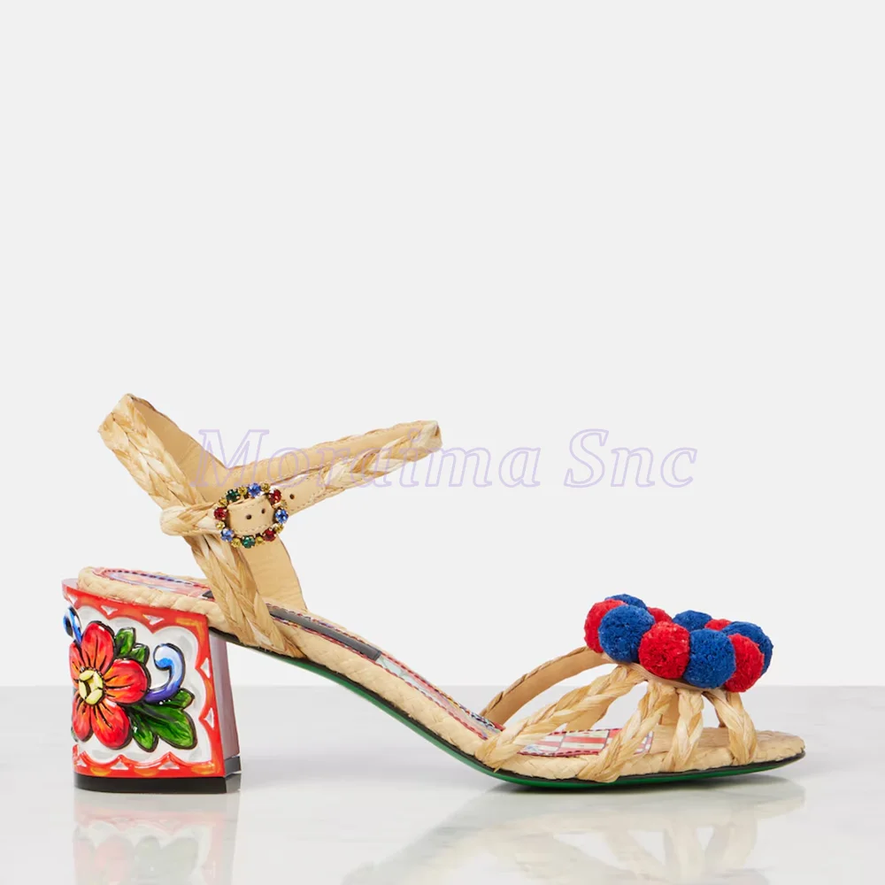 

Сандалии из рафии со смешанными шариками и украшением, модные женские модельные туфли на массивном каблуке с пряжкой на щиколотке и ремешком