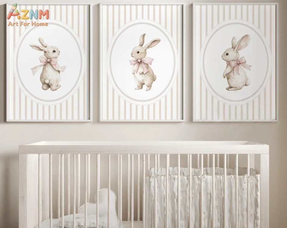 AZNM Watercolor Bunny with Pink Bow Canvas Wall Art, Striped Background Print, Neutral Nursery Girls Room Decor, Unframed