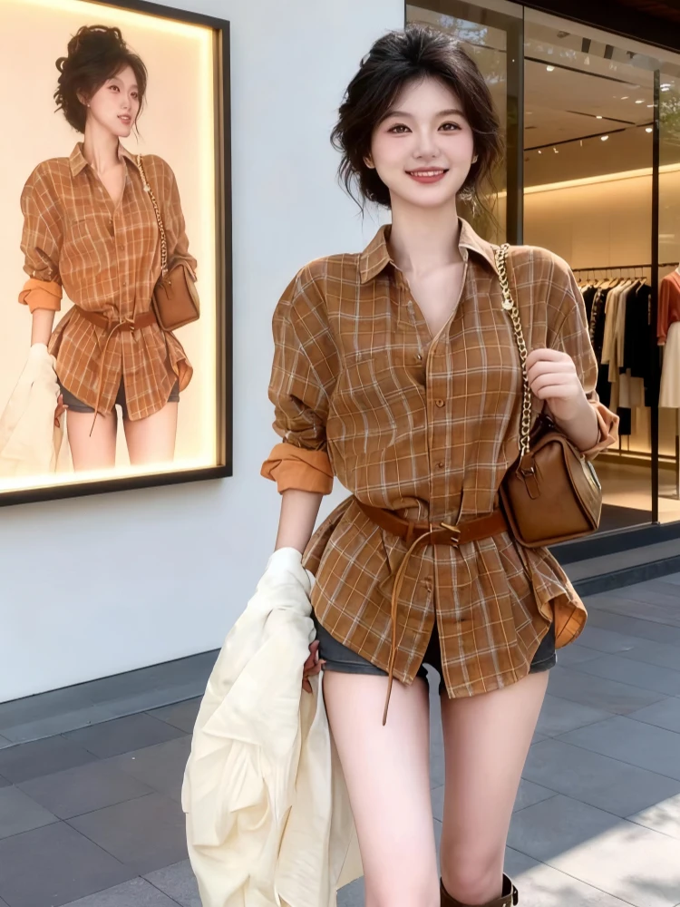 

Spring 2026 Women's Ne irt Loose Fit Long Sve Plaid Pattern Vintage Sle Slimming Versatile Faionable Top