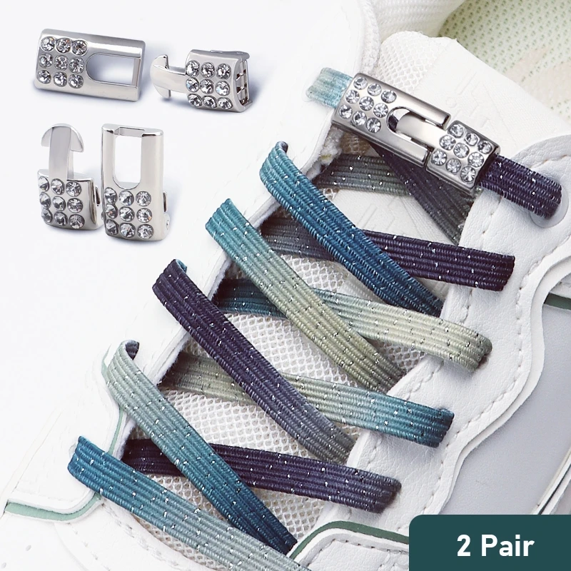2 Paar bunte elastische Schnürsenkel ohne Binden – Glitzernde elastische Schnürsenkel mit Bling-Diamant-Kreuzverschlüssen – Schuhzubehör für einfaches Anziehen