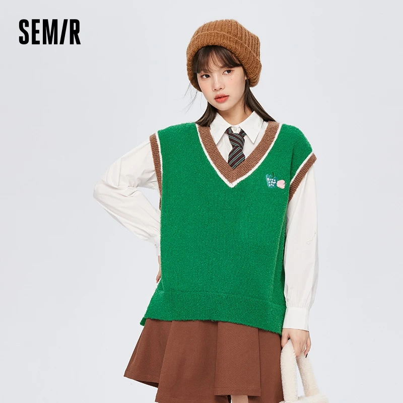 

Semir Vest Women V-Neck Contrast Color Embroidery Top Temperament 2024 Winter Top Loose Overlay Retro Pullover Shirt