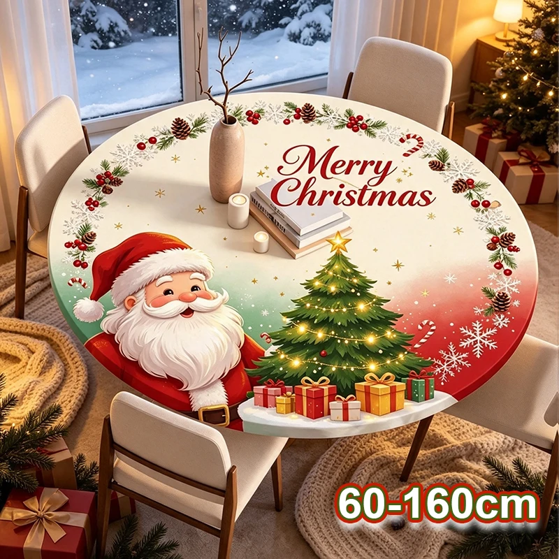 New Santa Claus Pattern Round Dining Table Cloth Easy‑Clean Splash-proof Oil‑Proof Table Cover for Christmas Family Gathering