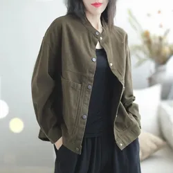 New 2026 Spring Autumn Coat Pure Cotton Solid Color Jacket For Women's Retro Loose Versatile Fashion Large Pocket Coat Top Femal