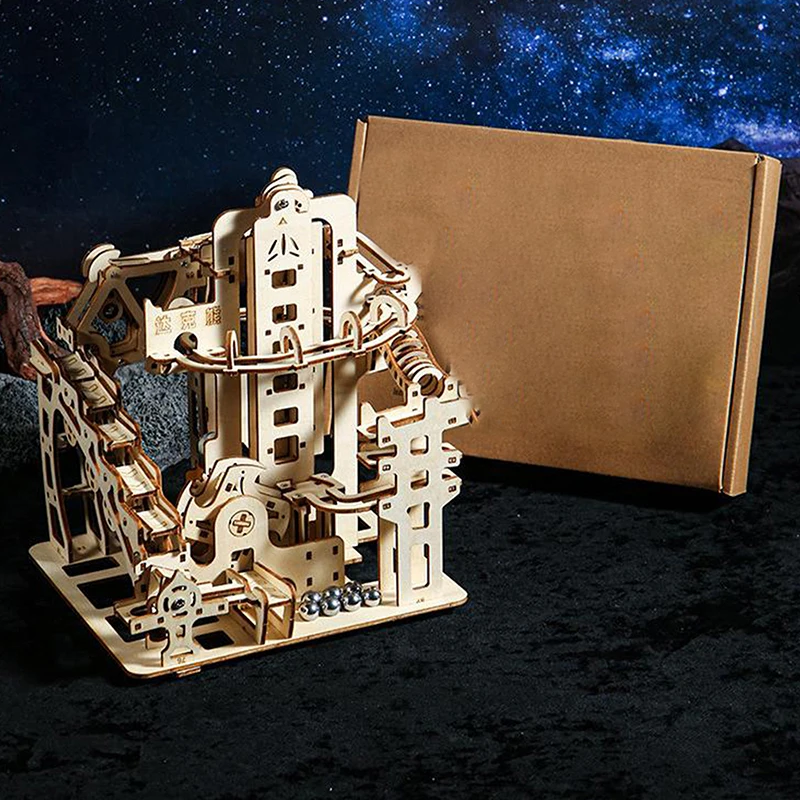 Science Experiment Toy, 3D Wooden Marble Run Kit with Electric Catapult; Maze Mechanical Assembly