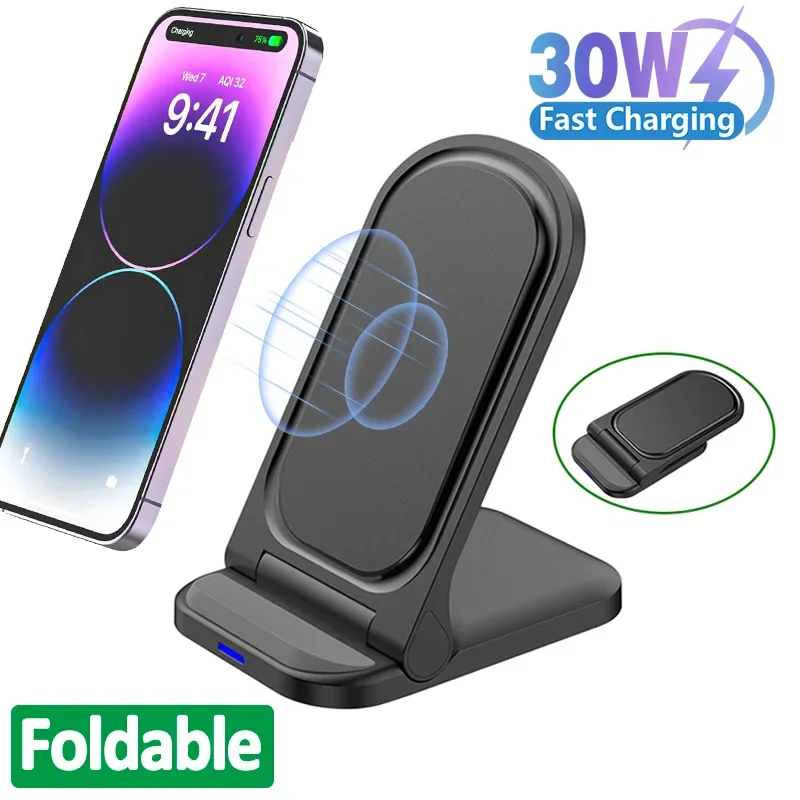 30W Foldable Wireless Charger Stand for iPhone 15 14 13 12 8 X XS XR Samsung Galaxy S21 S20 S10 Xiaomi Huawei Fast Charging Pad