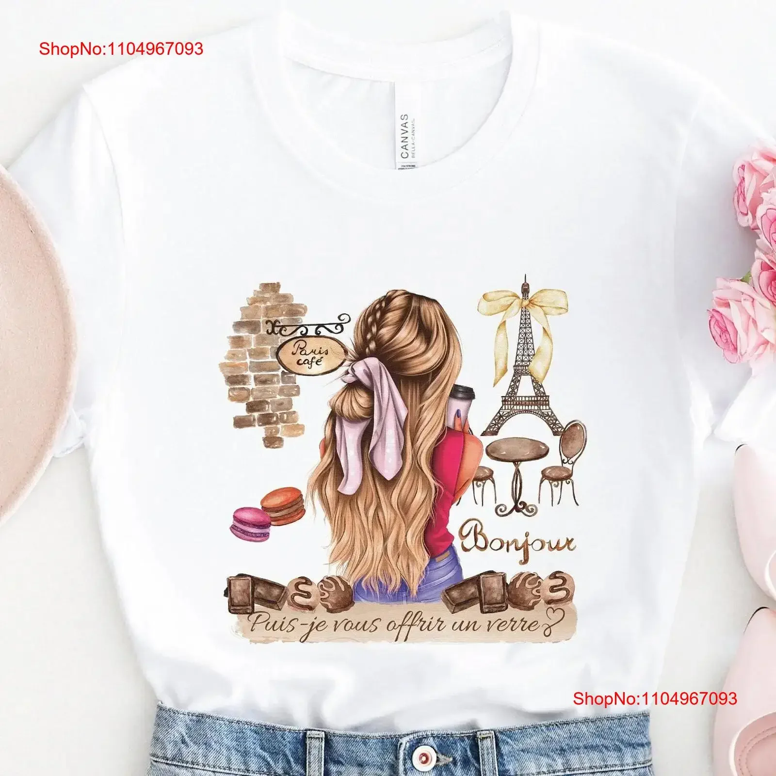 Paris T-Shirt Eiffelturm Frankreich Souvenir Liebhaber Reise für Sie Französisch Spruch Bonjour Niedliche Café Tops Damen Vintage Washed Homme