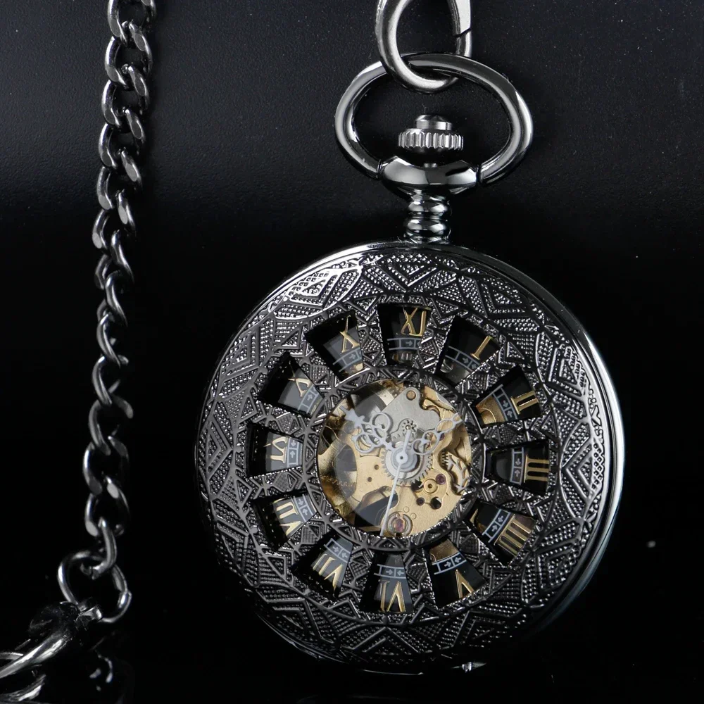 Black Mechanical Pocket Watch Men Antique Style Gift Pocket Chain Timepiece Roman Numerals Dial Display Vintage Watch Male