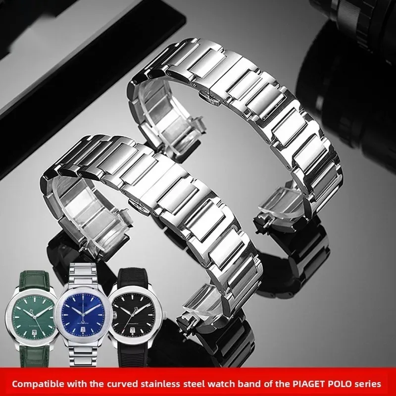 Stainless Steel Watch Band for Piaget Polo 42mm Curved End Solid Steel Bracelet Butterfly Deployment Clasp Silver 21mm