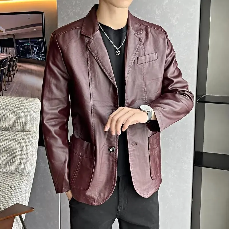 

Men's Slim Fit Motorcycle PU Leather Jacket Single Breasted Business Coat Spring Autumn Korean Style Clothes Fashion Streetwear