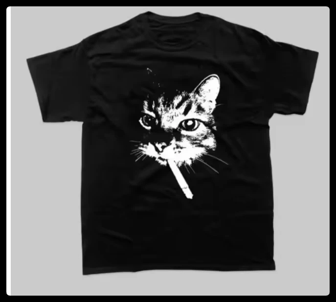 American Street Smoking Cat Men T-Shirt Queens of The Stone Age Retro Printed T-shirt Men's Women's Short Sleeve Crew Neck Tee