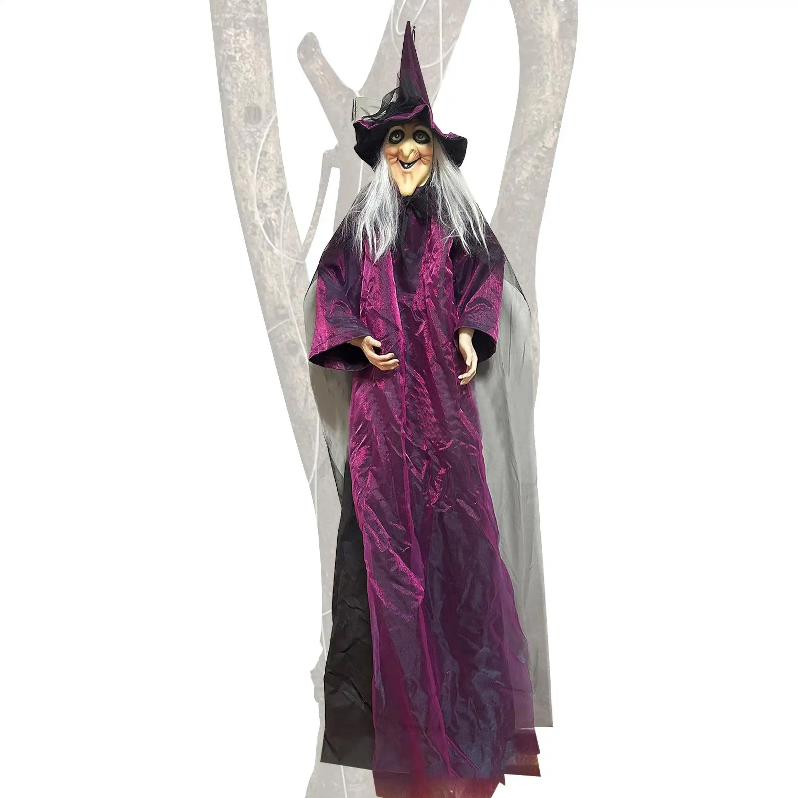 Halloween Life Size Talking Witch Purple Outdoor Spooky Scary Witch Animatronic Voice Controlled Glowing Screaming Decoration