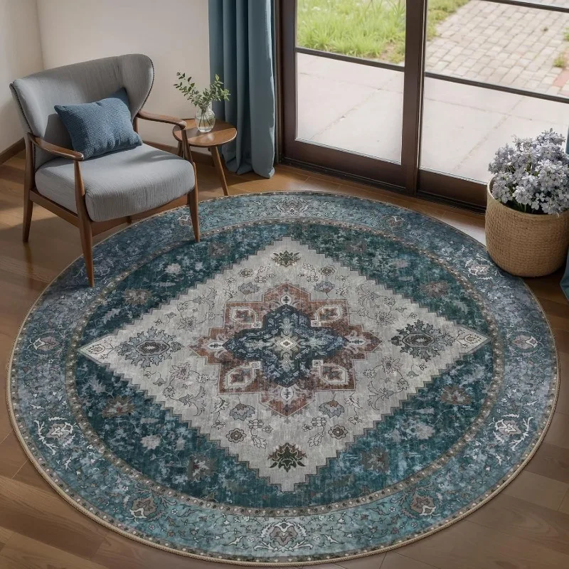 Vintage Persian Medallion Round Carpet Distressed Oriental Ethnic Floral Area Rug Retro Boho Circular Floor Mat for Living Room