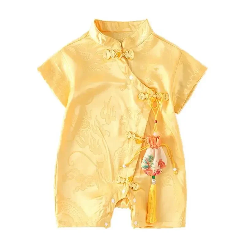 2023 Traditional Chinese Satin Dragon Jacquard Short Sleeve Tang Suit Rompers Newborn Baby Unisex Casual Infant Baby Clothes