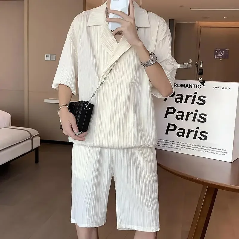 Conjunto de shorts masculinos de náilon simples internet celebridade básico luxo 2025 tendência roupas de verão 2 peça roupa t camisas masculinas conjuntos curtos