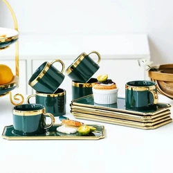 Green Coffee Cup Set with Spoon, Dim Sum Dish, Afternoon Tea, Black Tea Cup, Handle Mug, Household Tea Set