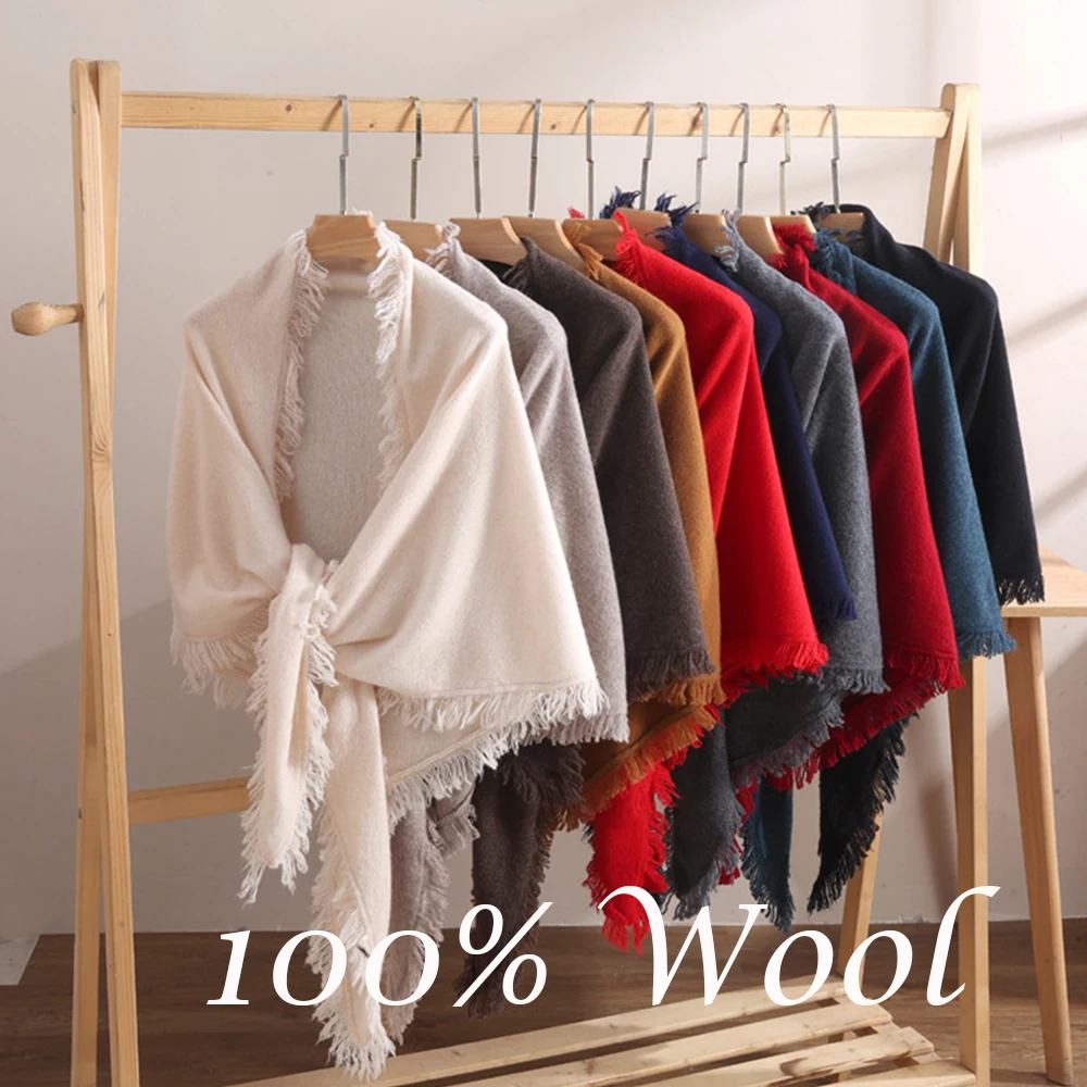 100% Wool Triangular Shawl with Fringe Female Luxury Wool Knitted Thicken Warm Scarf for Women Autumn Winte Shoulder Neck Wrap