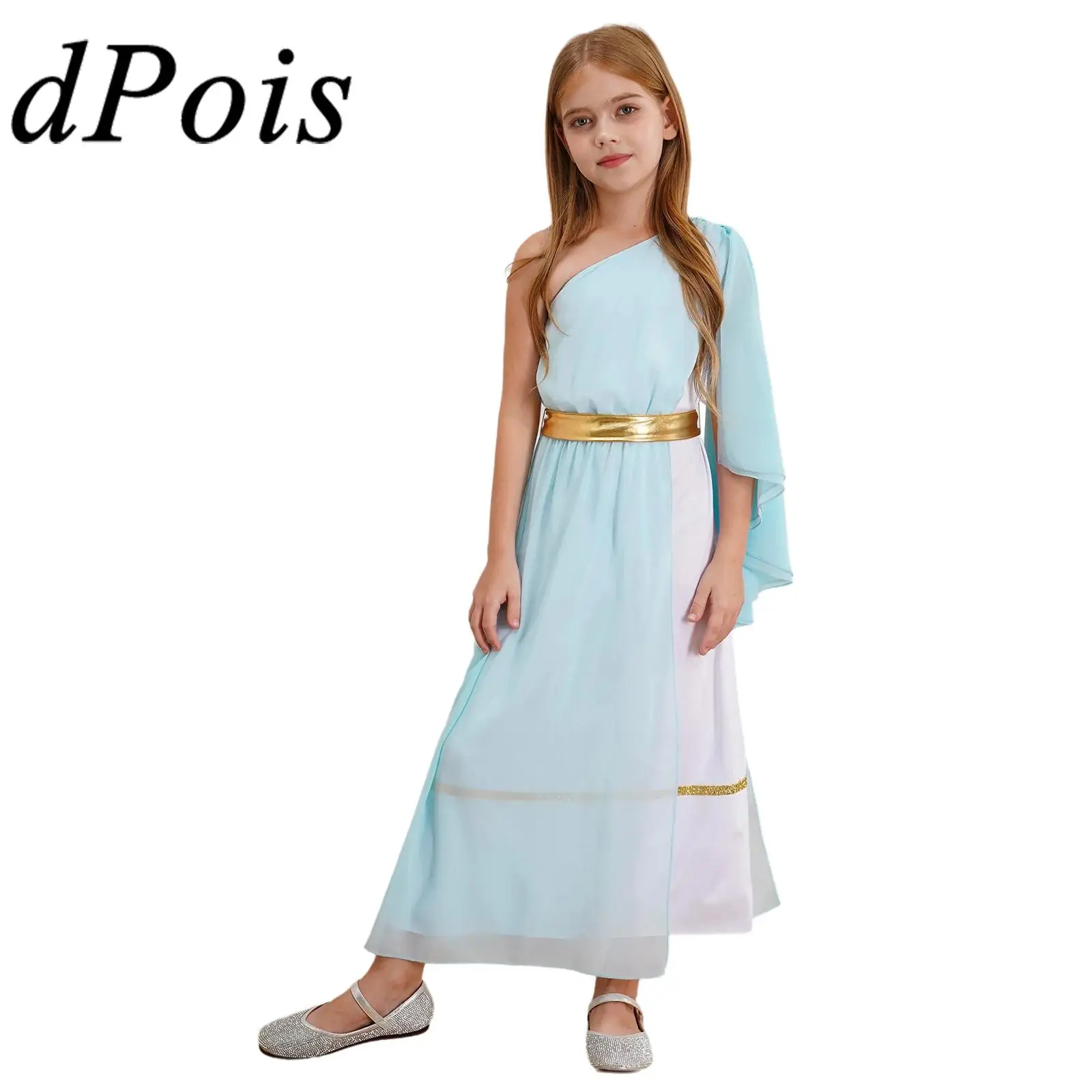 Girls Cosplay Ancient Greek Egypt Mythos Toga Costume Single Shoulder Tulle Shawl Princess Dress Choir Chorus Performance Dress