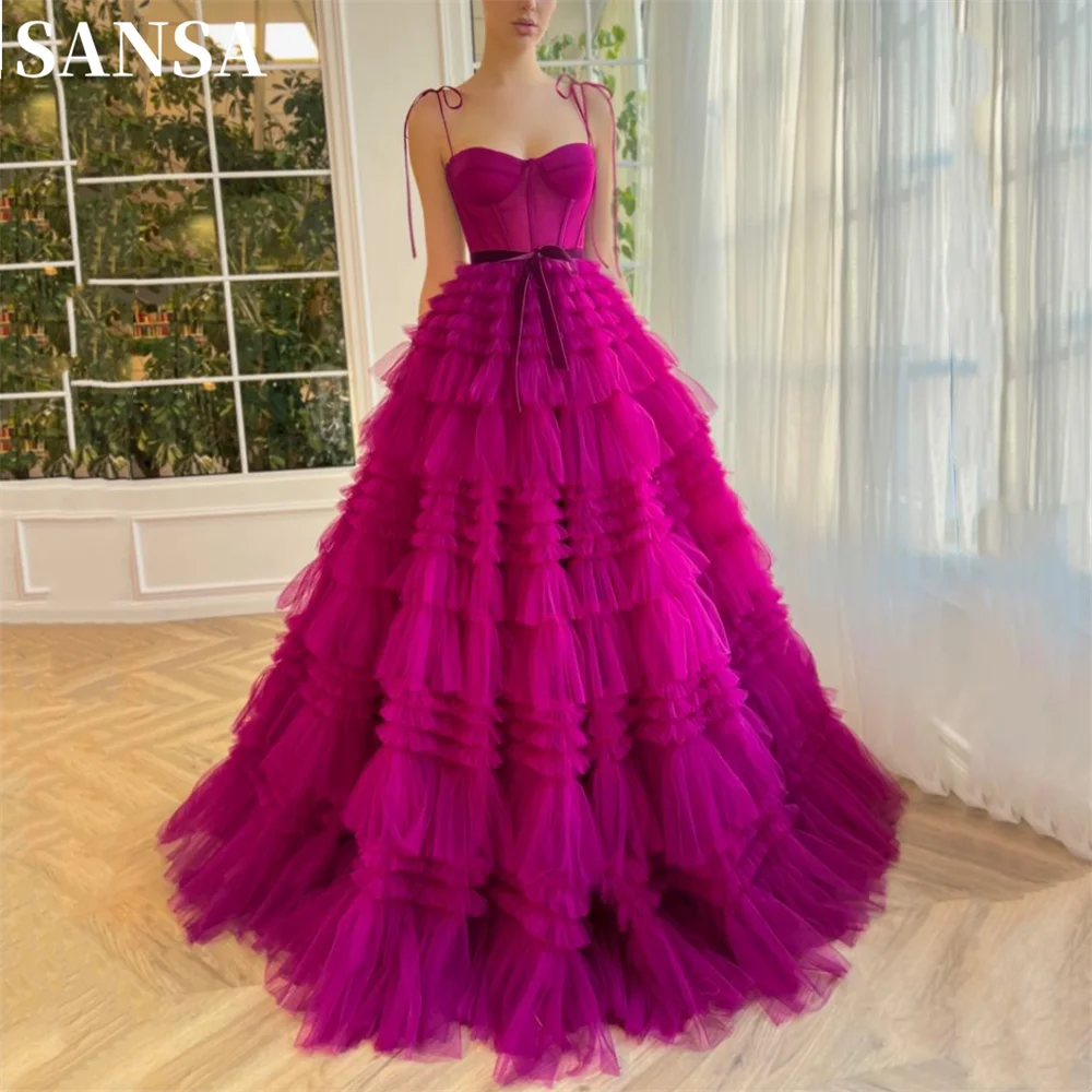 Sansa-vestido De tul con tirantes finos para mujer, traje De princesa con múltiples capas, corte en A, color fucsia