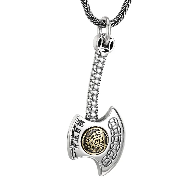 

925 Sterling Silver Money Axe Pendant Necklace for Good Luck, Thai Silver Antique Finish Unisex Jewelry Gift