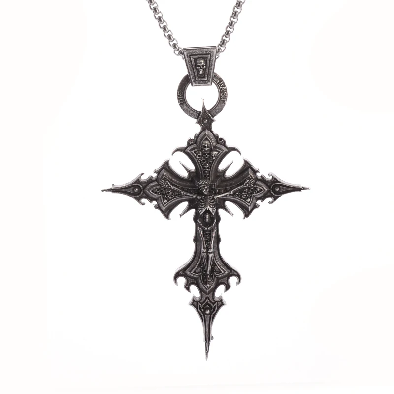 Vintage Gothic Skull Jesus Cross Pendant Necklace Catholic Jewelry for Men Punk Religious Amulet Necklace