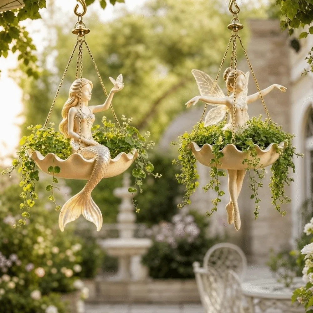 Resin Ballet Dancer Hanging Planter Vintage Elegant Mermaid Plant Holder Creative Save Space Fairy Flower Pot Home Balcony