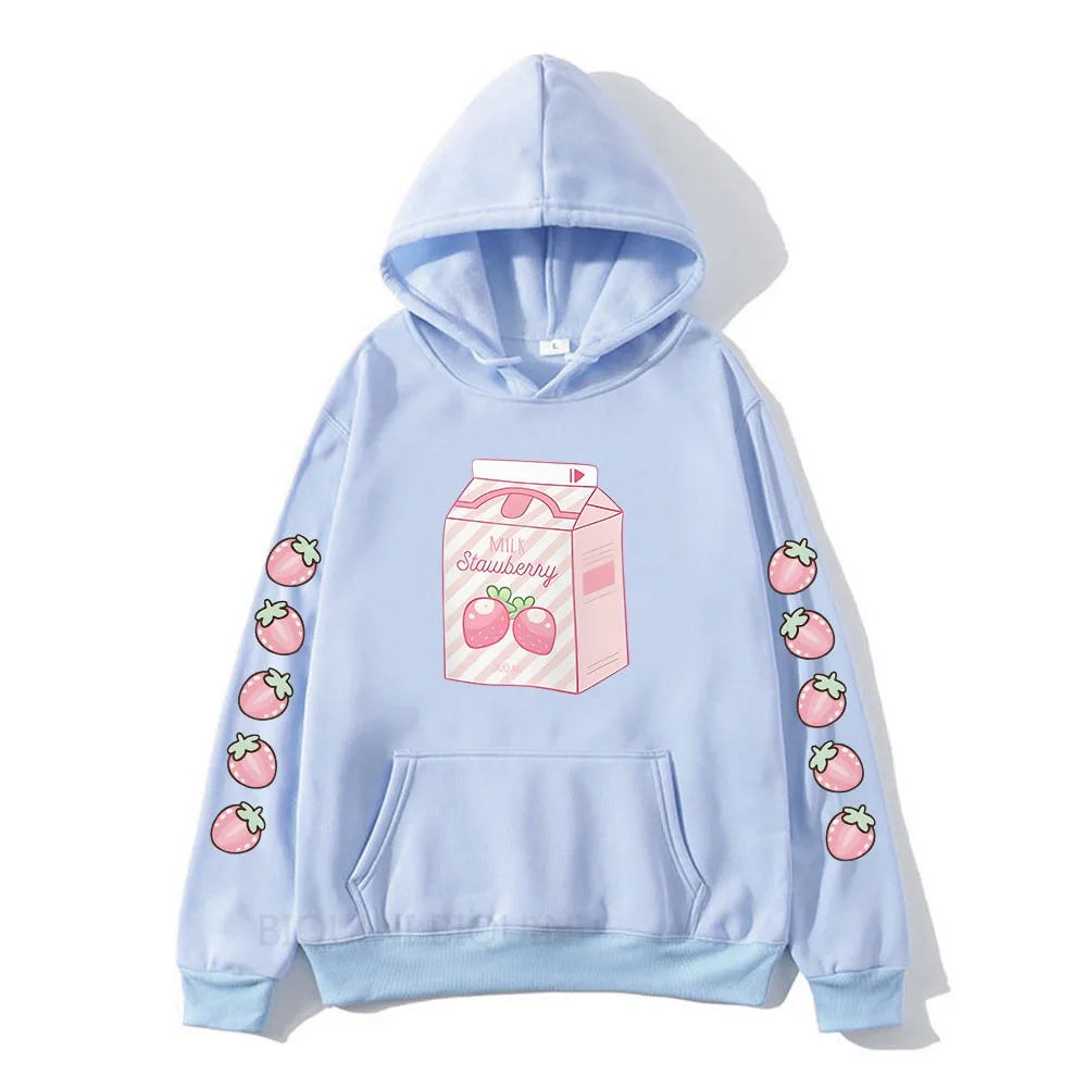 Strawberry Milk Cute Cartoon Graphic Printed Hooded Plus Size Hoodie Women Clothes Aesthetic Prevalent Female Warm Streetwear