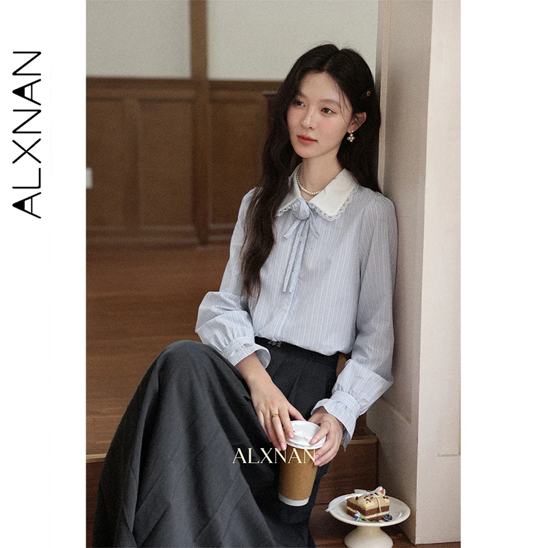 ALXNAN Blue Striped Long Sleeve Shirt Lace Trimmed Lapel Flared Cuffs Cotton Office Lady Blouses 2025 Fall Female Tops L57113