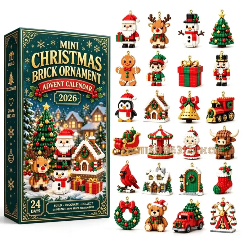 24-Day Mini Christmas Brick Ornament Advent Calendar,Unique Designs, Buildable Bricks, Hanging Loops Included, Holiday Countdown