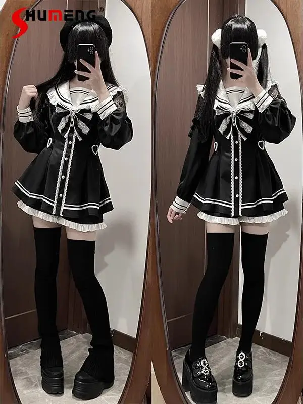 Gaun Mini ramping lengan panjang berenda kerah pelaut gaya Jepang gaun Mini pinggang tinggi celana pendek bawah manis Lolita Set dua potong wanita