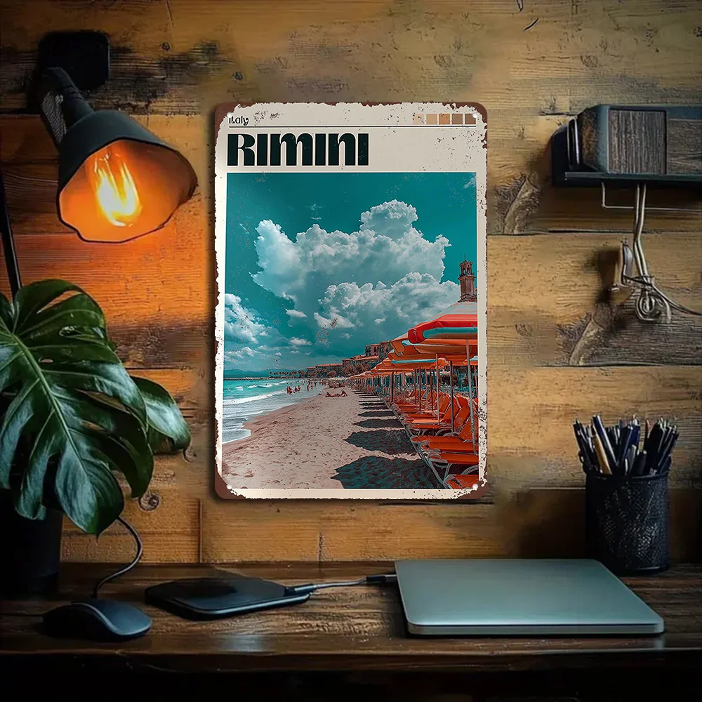 Letrero metálico vintage con diseño de la portada de la revista Rimini, paisaje playero vibrante con sombrillas y nubes, arte de pared plano de 29,97 x 19,81 cm para el hogar o bar