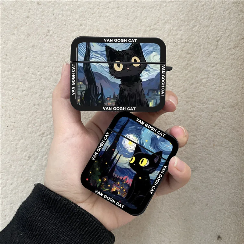 Cute Black Cat Starry Night Earphone Case For Airpods Pro2 1 2 3 Pro Retro Art Van Gogh Oil Painting Wireless Headphone Cover