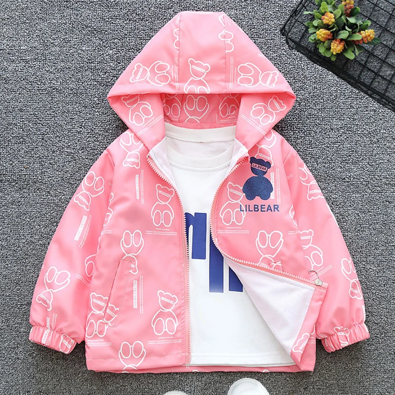 2 3 4 5 6 8 10 12 Years Girls Jacket Spring Autumn New Cartoon Bear Print Hooded Windbreak Coat For Kids Leisure Outwear