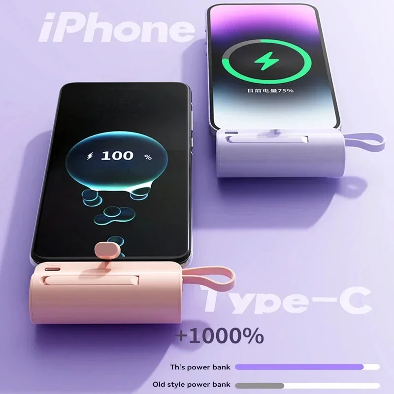 20000mAh Mini Power Bank Portable External Battery Type-C Lightning Built In Cable Powerbank High Capacity Charging For iPhone